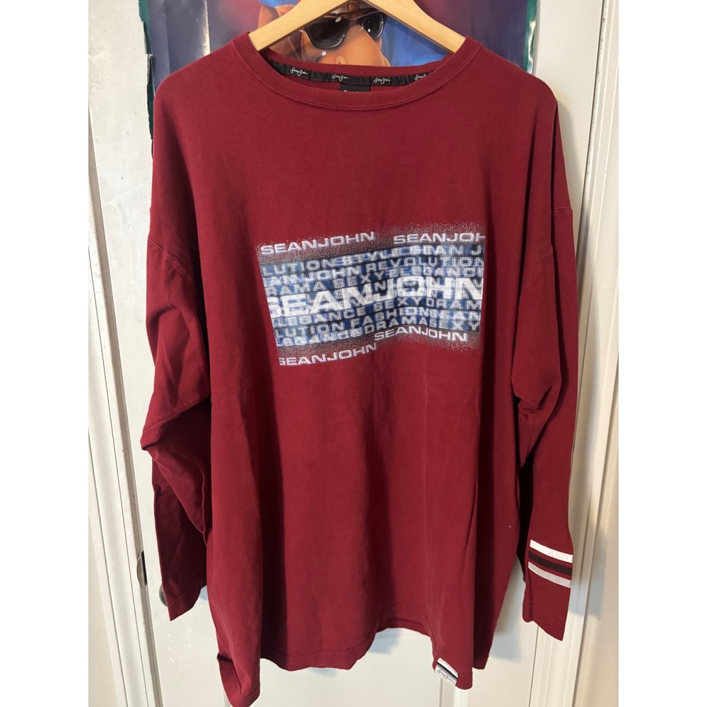 Sean John Vintage Y2K Long Sleeve Graphic T-Shirt Burgundy Mens XL Heavyweight